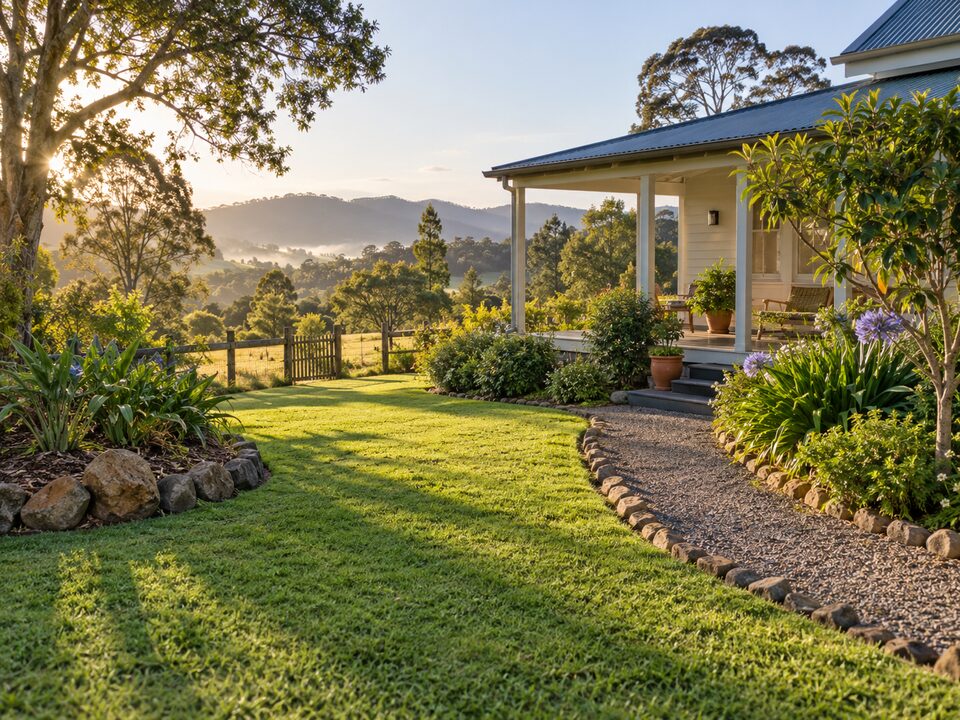 Maintained lawn and garden surrounding a hinterland home