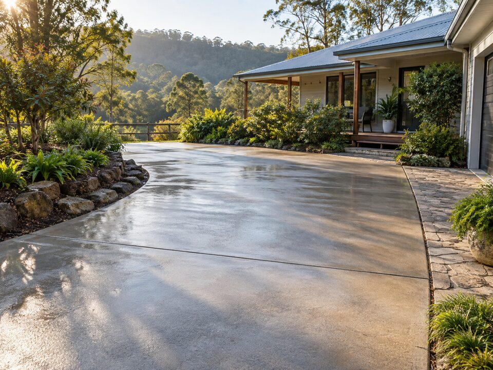 Freshly cleaned concrete driveway and outdoor surface