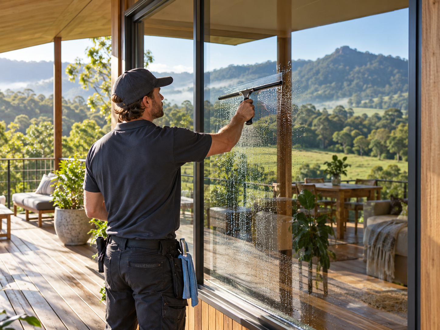 Window cleaner working on exterior glass at a hinterland home