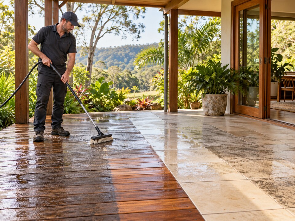 Timber deck and outdoor living area receiving a maintenance wash