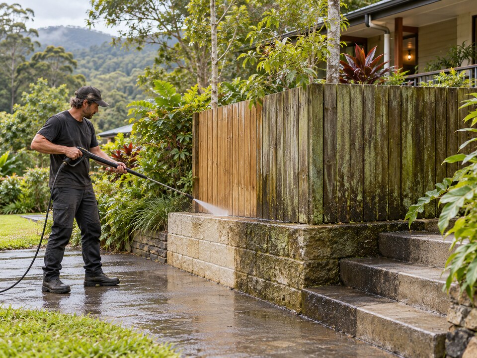 Clean timber fence, retaining wall and outdoor steps at a hinterland home